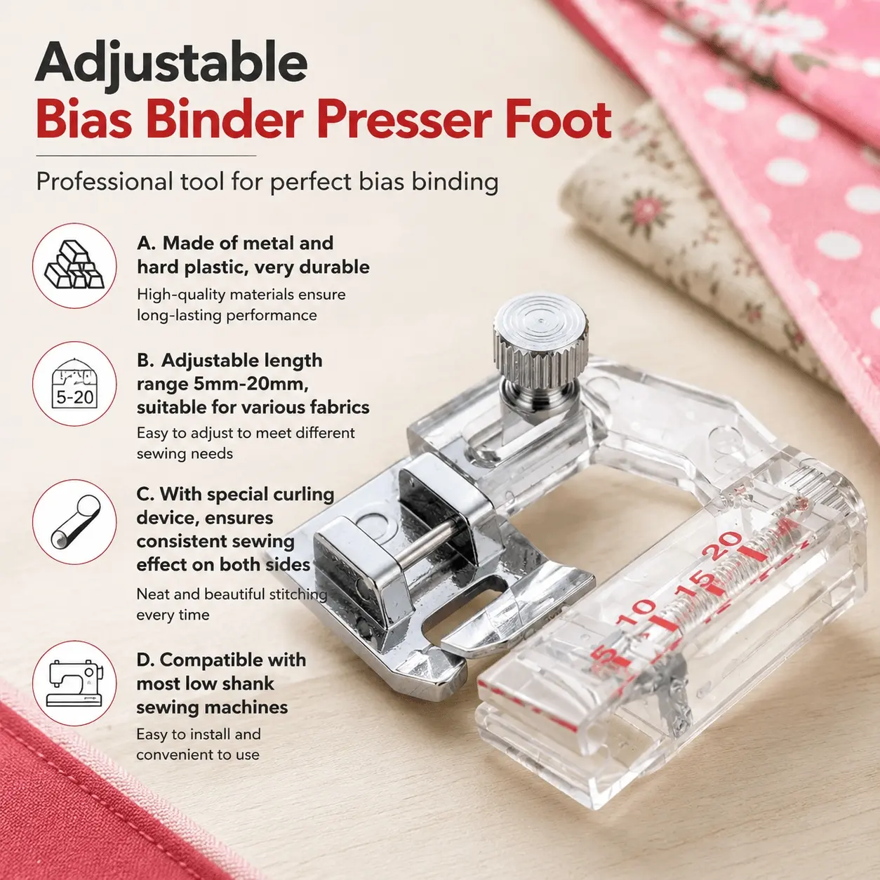 Rolling Hem Foot Attachment, Bias Tape Snap-On Free Motion Presser Foot for Sewing Machine, DIY Garment Making Tool Kit for Chiffon Denim and Lightweight Fabrics