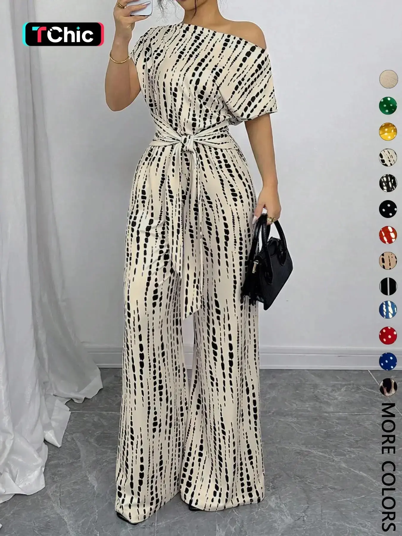 Women's One‑Piece Jumpsuit, Off‑Shoulder Short Sleeve Design, Waist Tie Belt, Wide Leg Trousers, Chic Relaxed Outfit for Date Night and Everyday Going Out Occasions