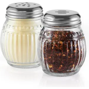 Cheese and Pepper Shakers Set of 2, 6oz Glass Spice Shakers with Perforated and Slotted Top (Clear)