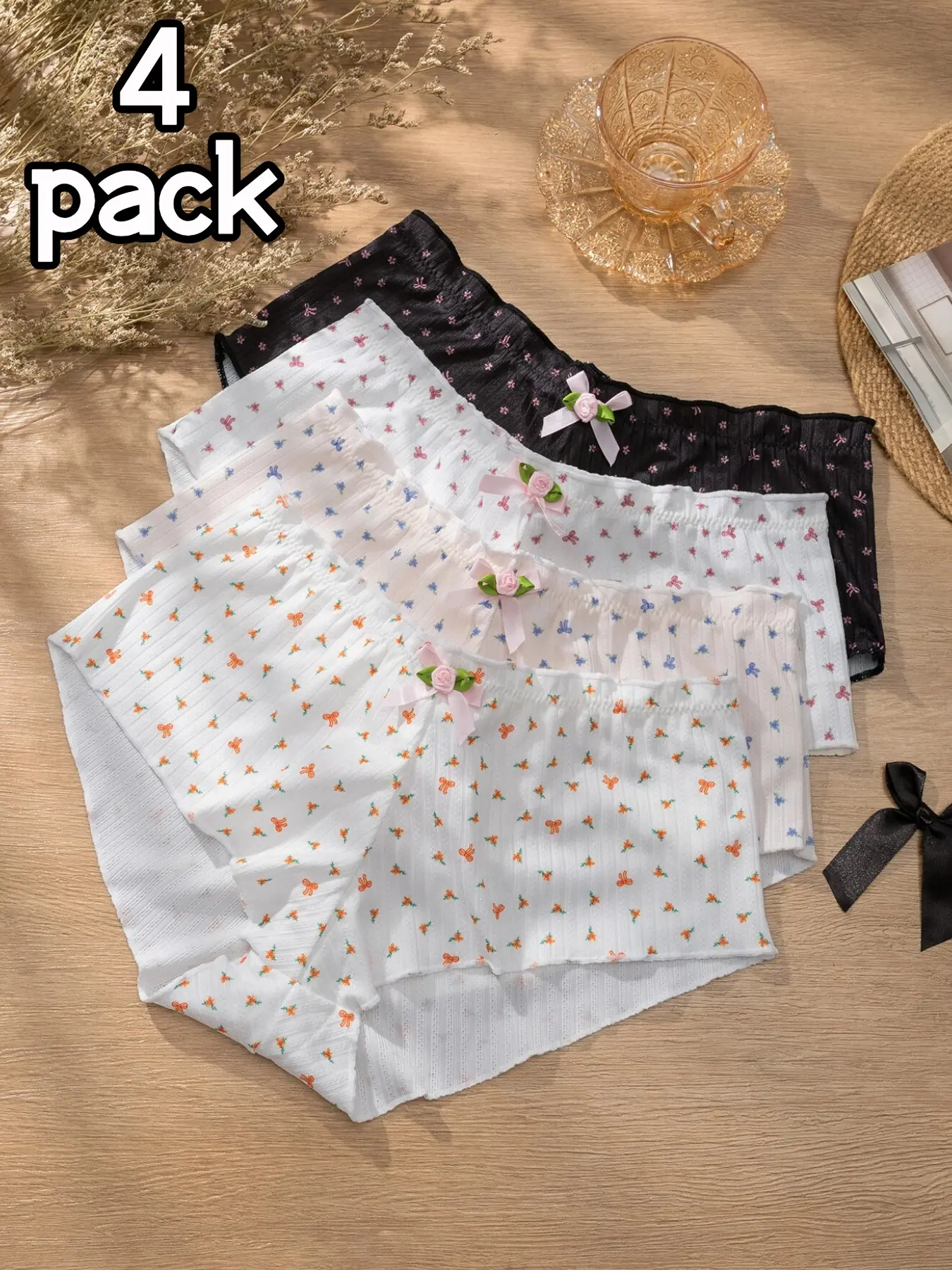 Butterfly Print Women's Mid-Waist Boxer Shorts, Sweet Ruffle Bow Decoration, Soft Breathable Elastic Comfort, 4 Pcs Set, All Seasons, Breathable Soft Panties