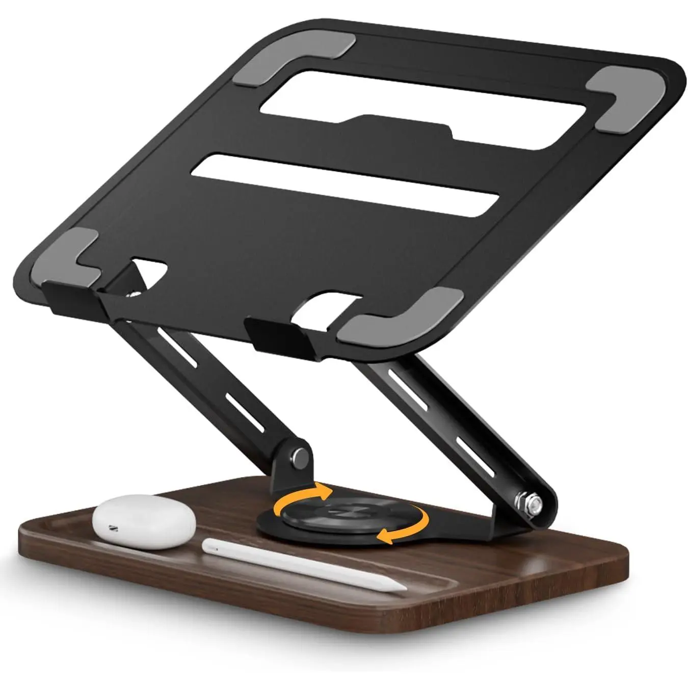 360° Rotating Laptop Stand for Desk, Adjustable Ergonomic Notebook Riser with Ventilation and Storage Tray for Laptops and Tablets