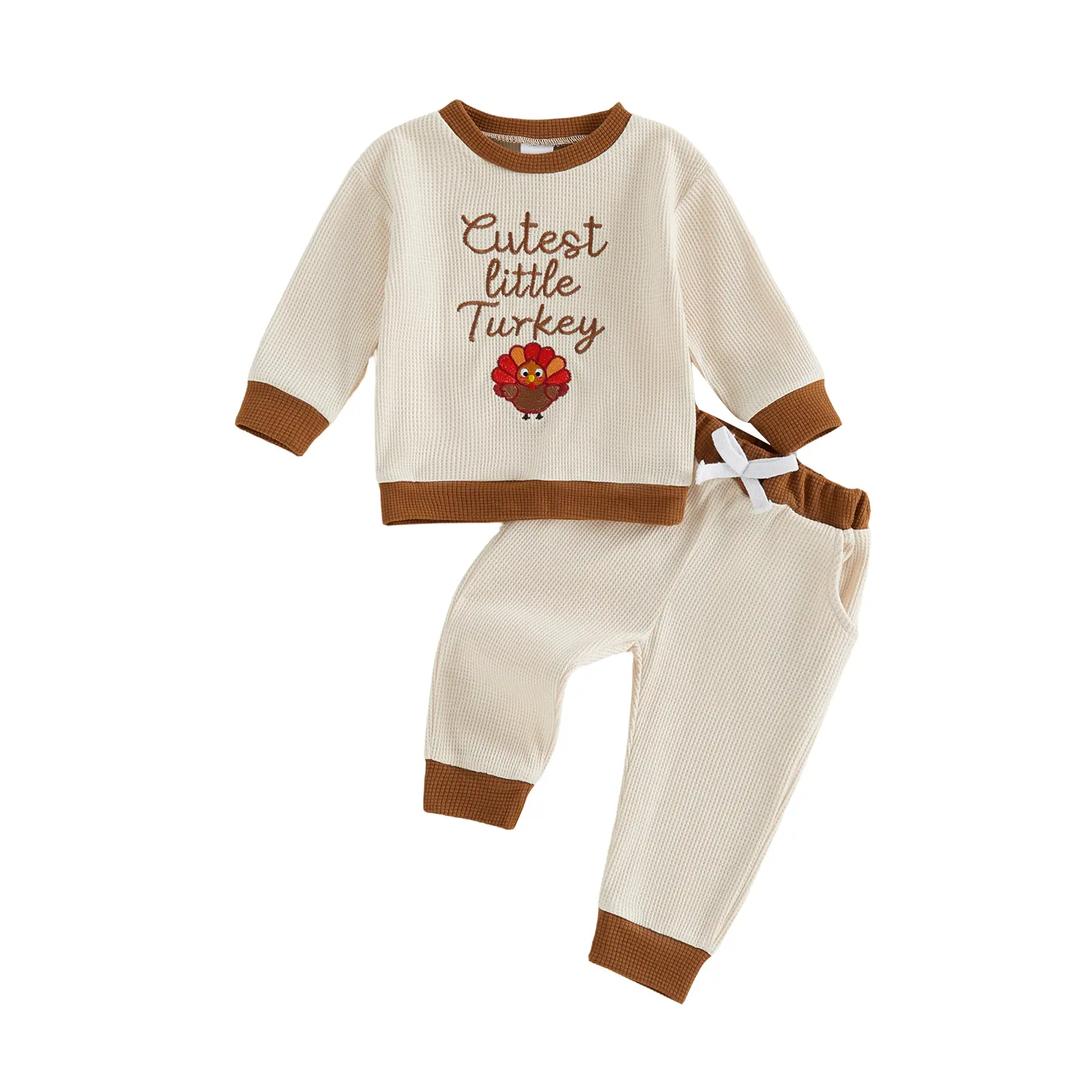REDWOON Toddler Baby Little Boy Girl Thanksgiving Outfit Cutest Little Turkey Embroidery Waffle Long Sleeve Sweatshirt and Jogger Pants Set