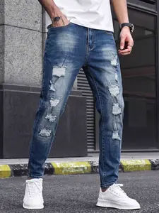 Men's Slim-Fit Jeans, Ripped Hole Craftsmanship, Plain Style, Comfortably Duraible Fabric, All-Season Wear, Unlined