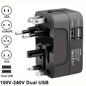 100-240V-Universal AC Power Adapter with 2 USB Slots, Universal Socket, EU-US Travel Plugs, Wall Socket Compatibility for Phones & Electronics