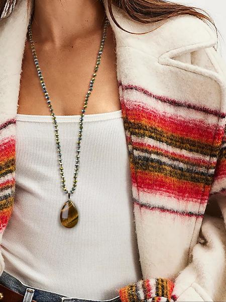 Vintage Tiger Eye Teardrop Natural Stone Pendant Long Necklace, Handmade Knotted Crystal Beaded Chain, Sparkling Luxury Gift for Special Occasions, Boho Chic Crystal