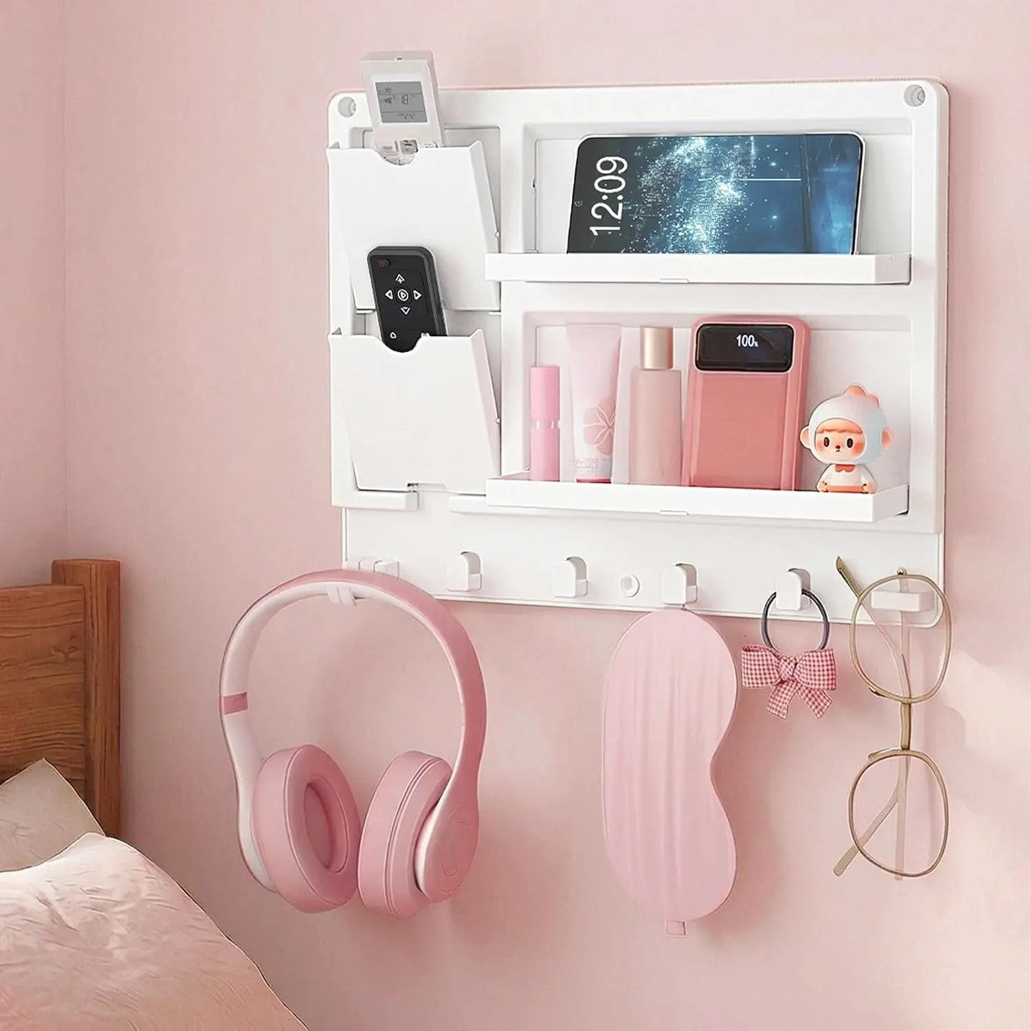 Plastic Adhesive Bedside Shelf, Floating Pegboard Shelves, Key Remote Control Holder, Wall Organizer for Glasses, Phone, Earbuds, Bedroom Decor, Dorm Room Essentials, White