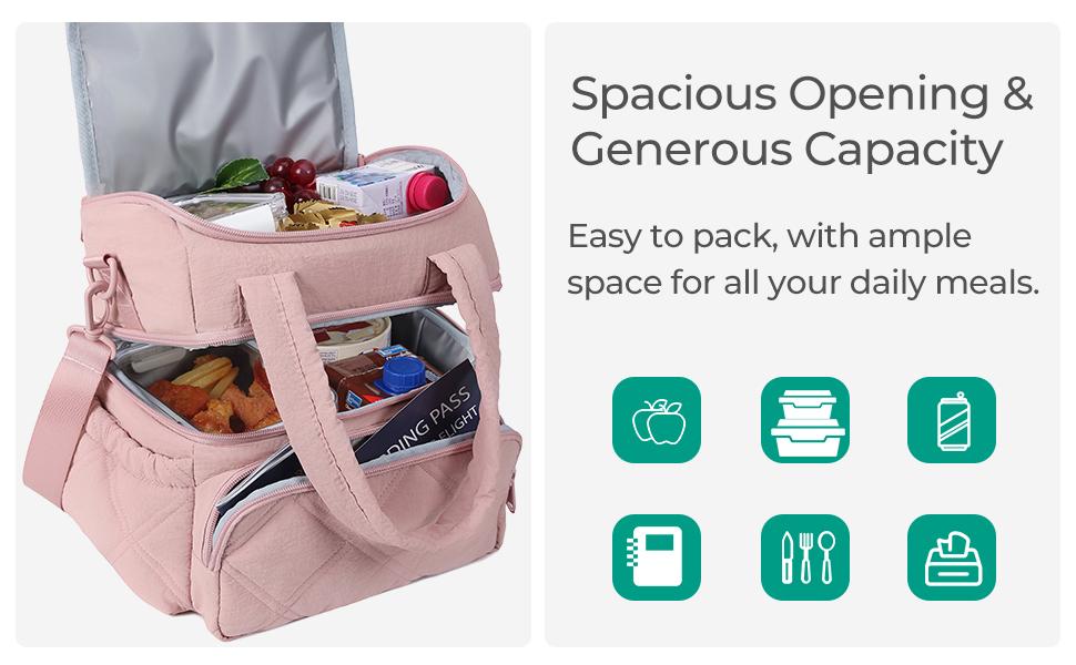 Lunch Bag Women Double Deck Quilted Puffer Insulated Lunch Cooler Leakproof Durable Reusable For Work Picnic Meal Prep