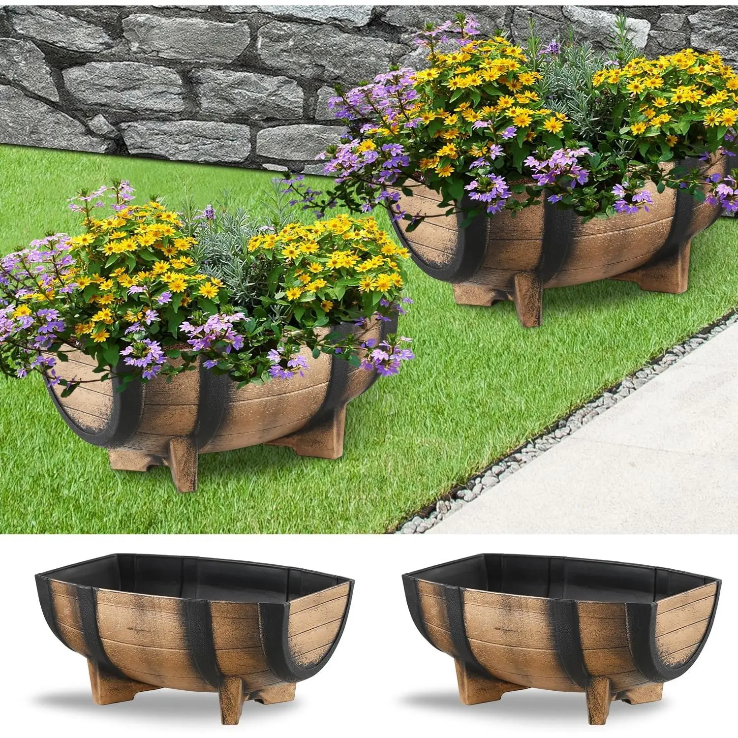 2 Pack Rustic Half Barrel Planters, 16.34x11.81x7.28 Inches Plastic Weather Resistant  Flower Pot Indoor & Outdoor Garden Planter