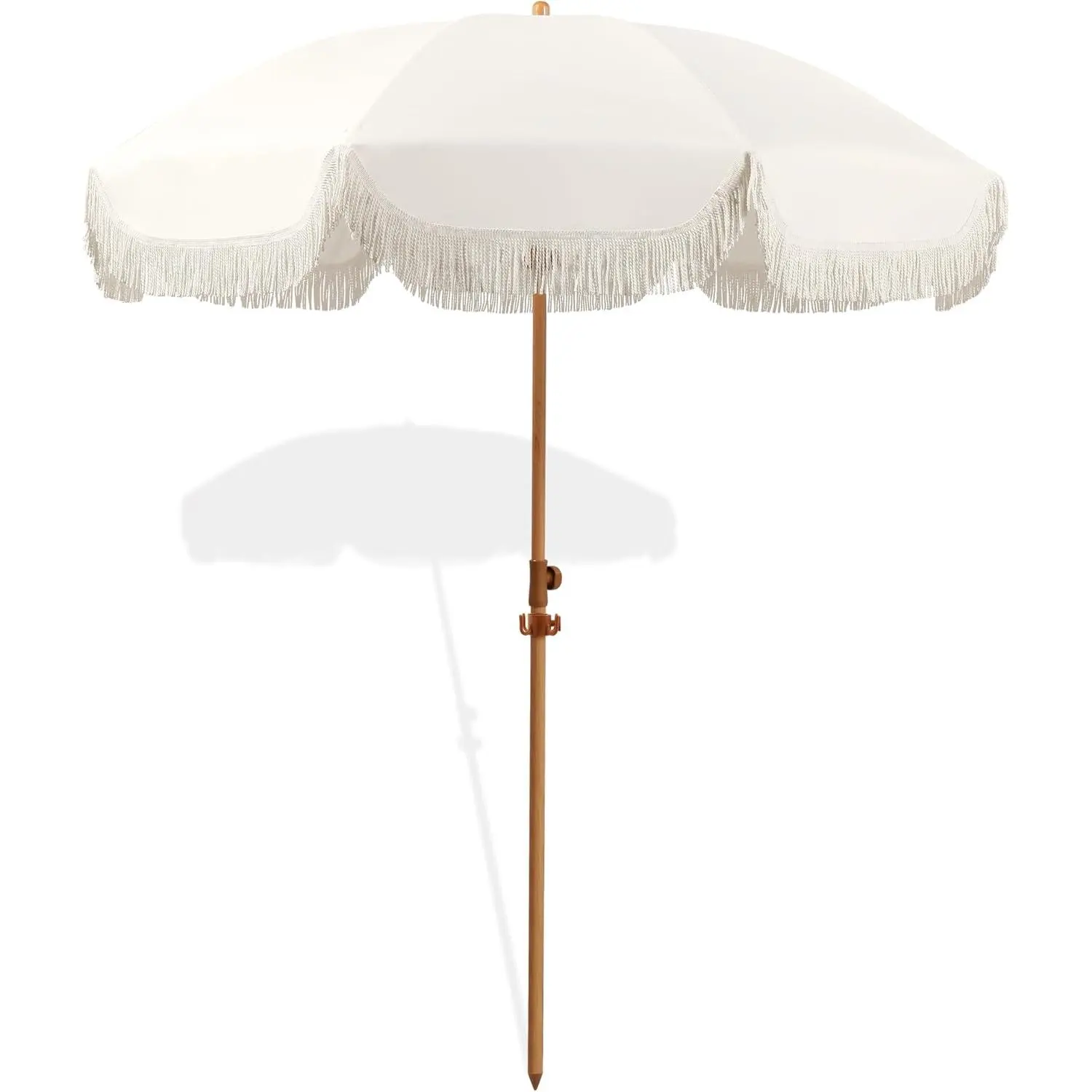 6.5ft Patio Umbrella with Fringe, Beach Umbrella, Fringe Umbrella| Umbrella Outdoor Patio with Hanging Hook, Tilting Aluminum Pole, UV 50+, Fiberglass Ribs, Elegant Cream