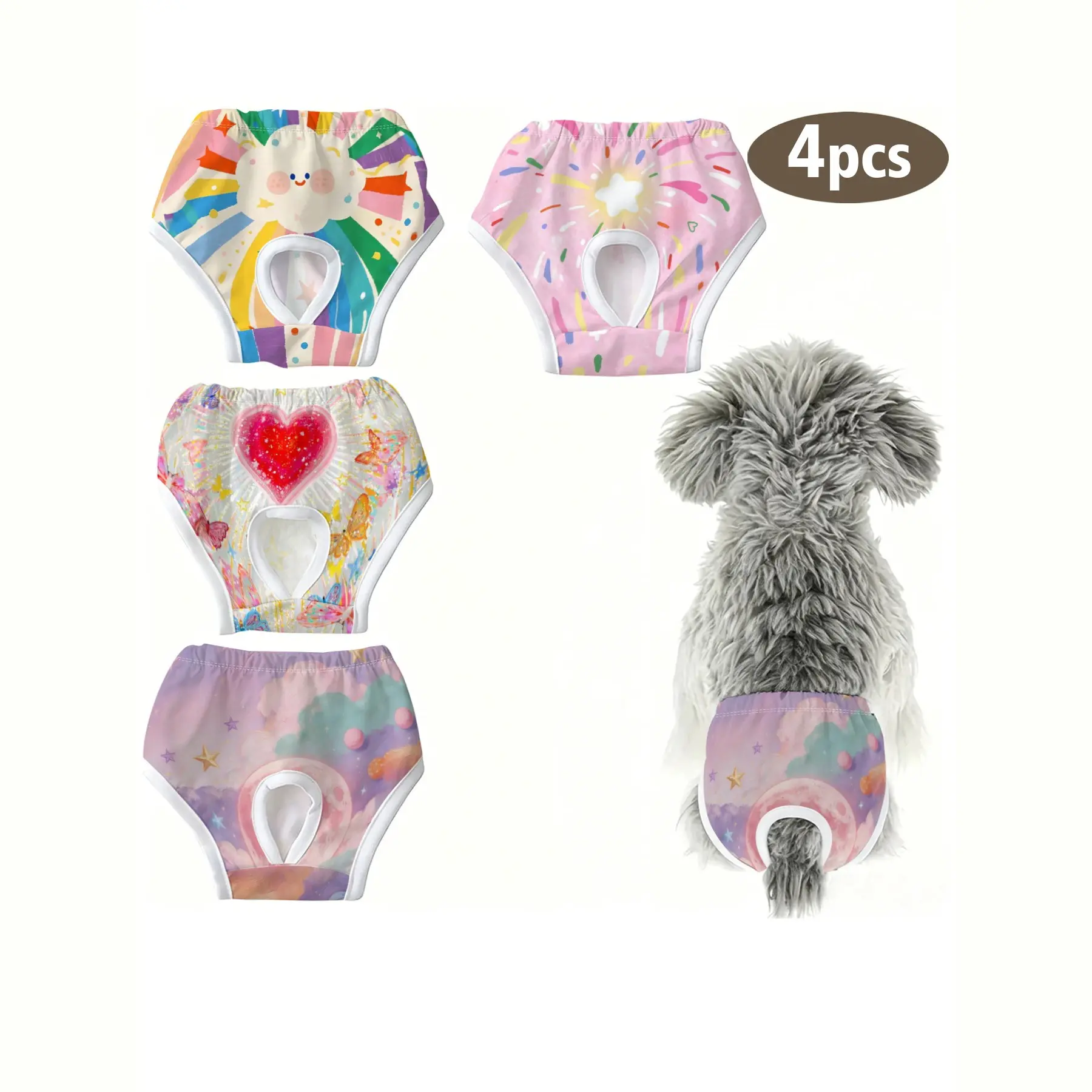 4-Pack Cute Pet Puppy Cat Printed Panties, Hand-Drawn Sky Rainbow Print, Anti-Peck Underwear for Small Dogs and Cats, Ideal for Holidays, Home, Travel