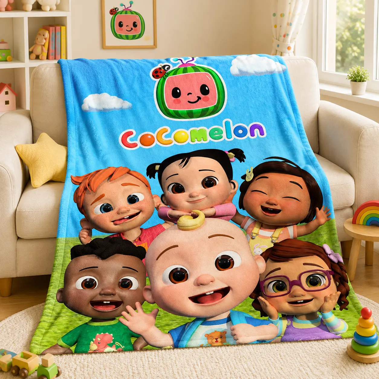 Cocomelon Cartoon Character Blanket Cute Funny Throw Blanket For Kids Adults Home Decor Sofa Couch Bed Kids Room Travel Nap All Season Blanket Birthday Gift Halloween Gift Christmas Gift Holiday Present Cute Room Decor Cartoon Fan Gift  Multi Size