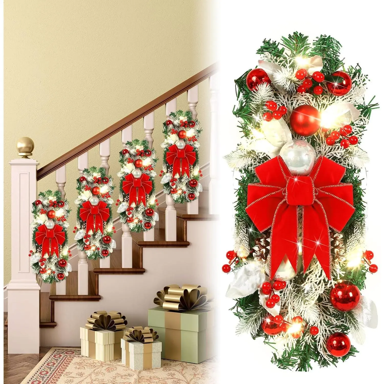 4 Pcs 19.7 In LED Prelit Teardrop Stair Swags - Norfolk Pine Artificial Garland with Pine Cones - Indoor Outdoor Hanging Decoration