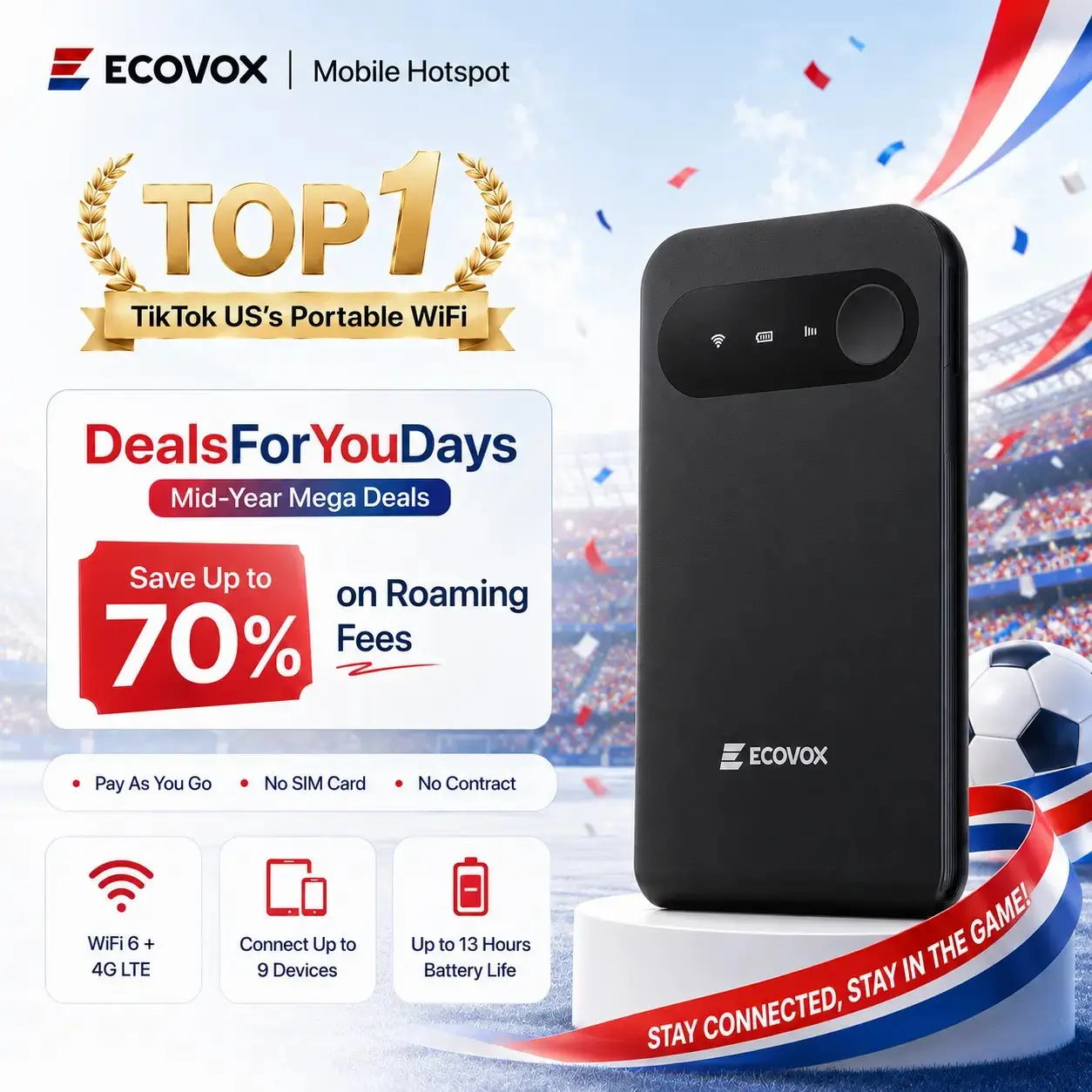 [Deals For You Days] ECOVOX Portable WiFi Hotspot Pocket Wi-Fi, 4G LTE Wireless Internet Device, No SIM Card/Contract, ,   Free 1GB Local Data for Campers airport rv tinder date rescue  user stable easy connection global coverage tri-band support