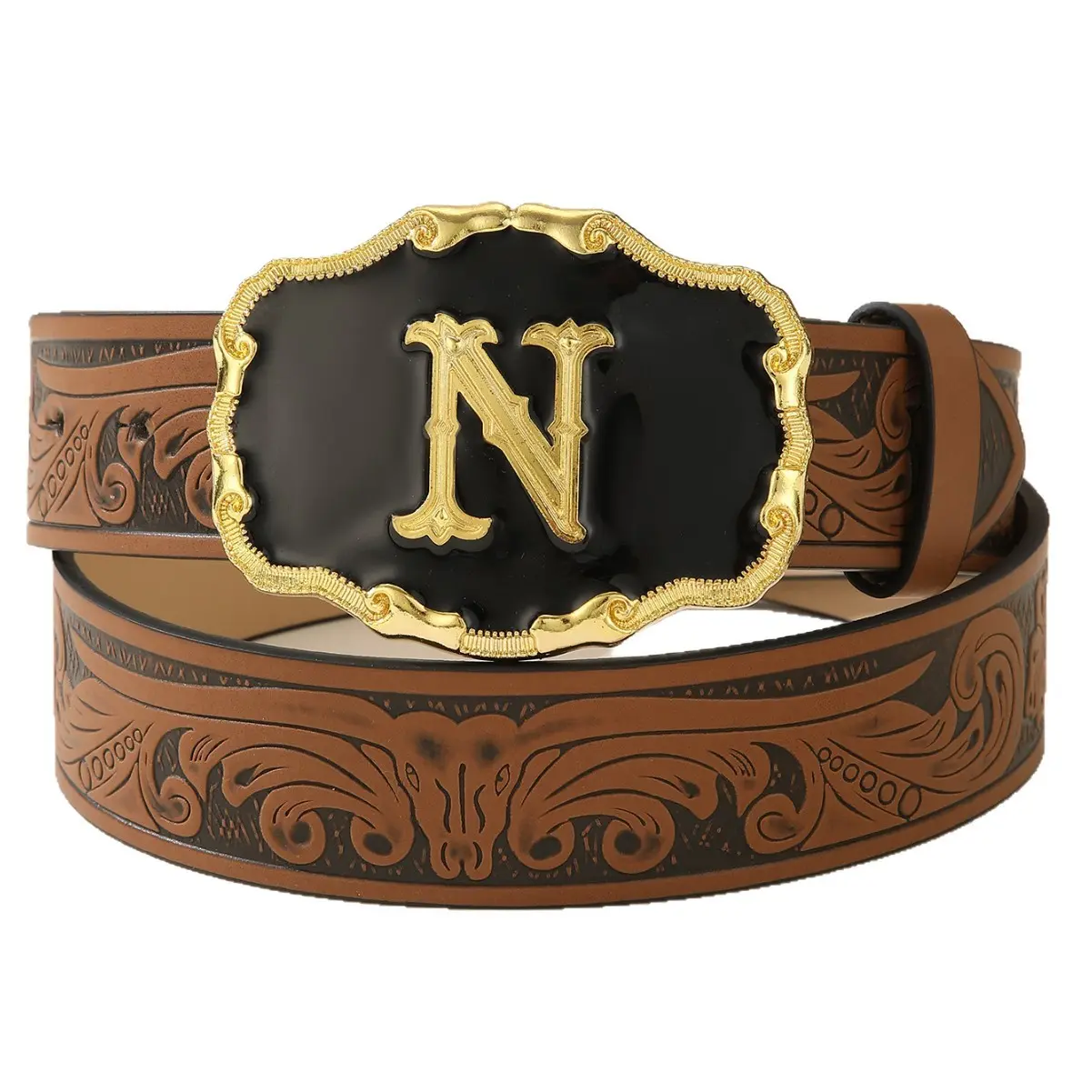 Unisex Vintage Western Cowboy Belt, Initial Letter N Gold Trim Black Buckle, Floral Longhorn Tooled Leather for Rodeo & Daily Wear