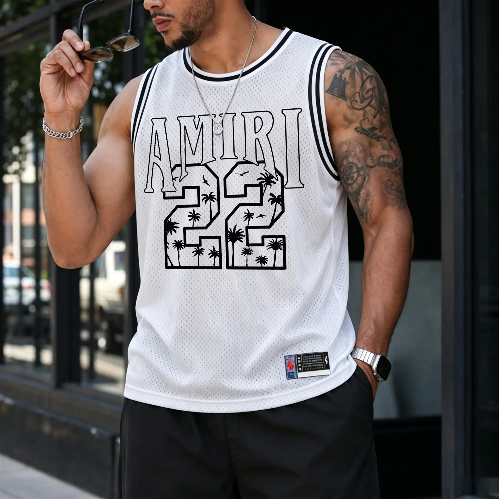Men's Retro Mesh Tank Top “AMIRI 22 " Basketball Graphic; A Sleeveless, Athletic Jersey-Style Top Designed For Breathability—Perfect For Workouts, Running, Or Casual Street-Style Summer Wear.