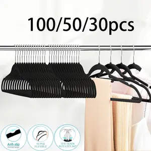 100/50/30pcs Velvet Non-Slip Hangers, Rotatable Clothes Hanger, Tie Rod, 360° Rotating Hook, Space Saving, Durable, Indoor Storage, Outdoor Hanging, Closet Organization