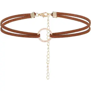 Karma Choker Necklace Gold Circle Necklaces Jewelry for Women Charm Leather Necklace Cord Choker