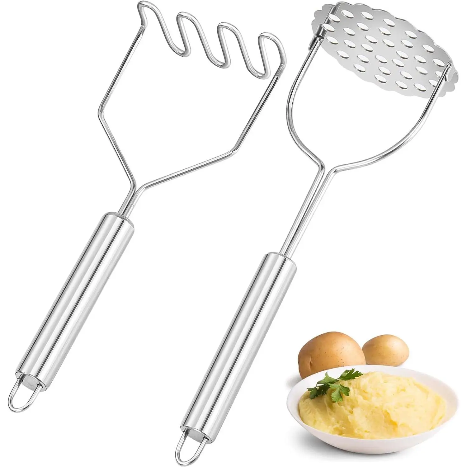 2 count Potato Masher, Heavy Duty Stainless Steel Integrated Masher Kitchen Tool Wire Masher for Potatoes, Avocados, Beans, Fruit & Vegetables