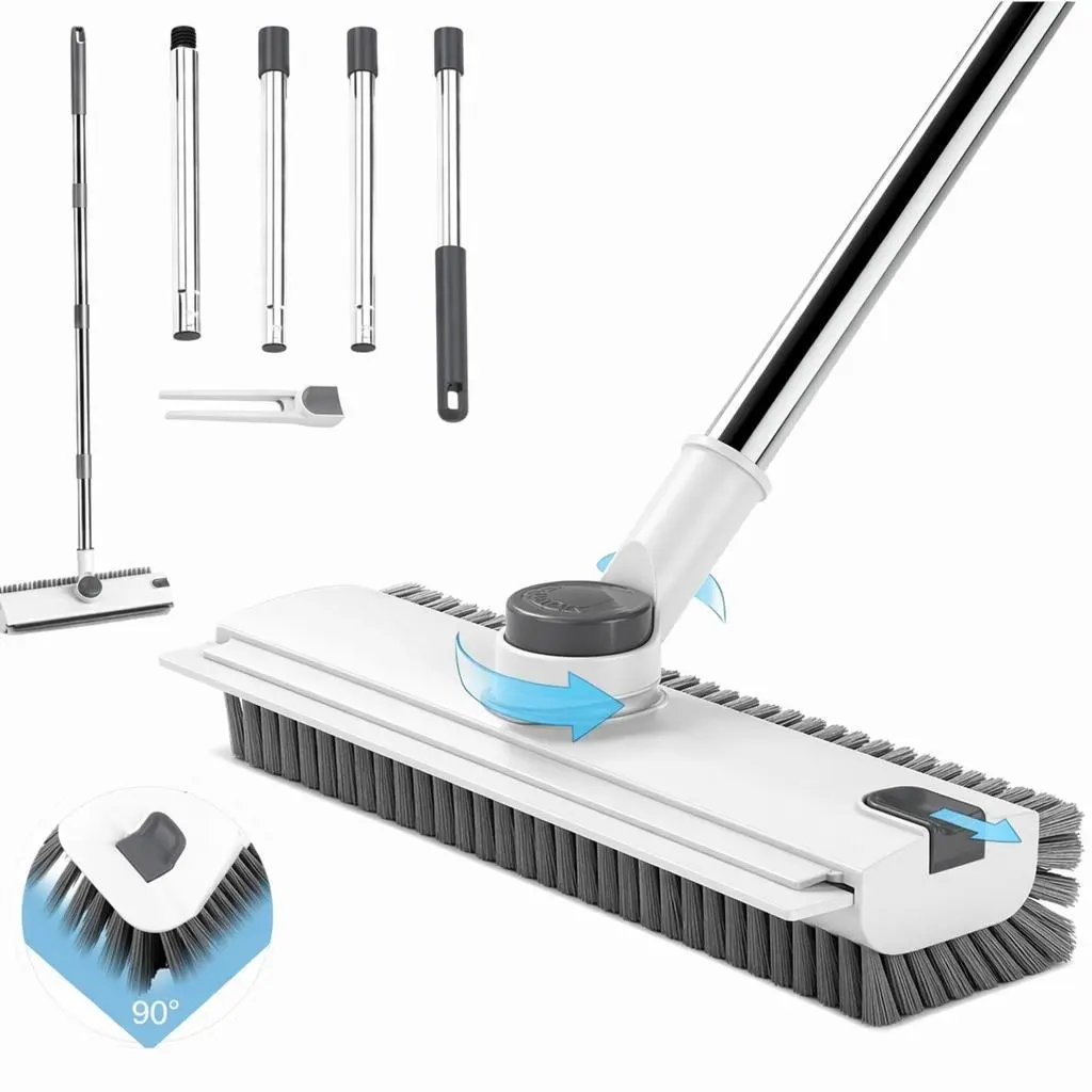 360-Rotating Bristles+Head Floor Scrub Broom with Freely Adjustable Length Long Handle, Dual-Function Bristle Squeegee, Multi-Material Floor Cleaner for Home Users, Tile Cement Pool Surfaces