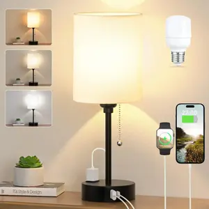 Small Bedside Table lamp for Bedroom - 3 Color Temperatures Bedside Lamps with USB C and A Ports, Pull Chain Table Lamps with AC Outlet, White Nightstand Lamps with Black Metal Base for  Reading
