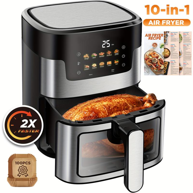 [10-in-1 Air Fryer] 10-in-1 Digital LED Touch Screen Air Fryer, 7.5QT stainless steel material Oilless Cooker with 10 Preset Cookings, Dishwasher-Safe Basket & 20pcs Air Fryer Paper Liners