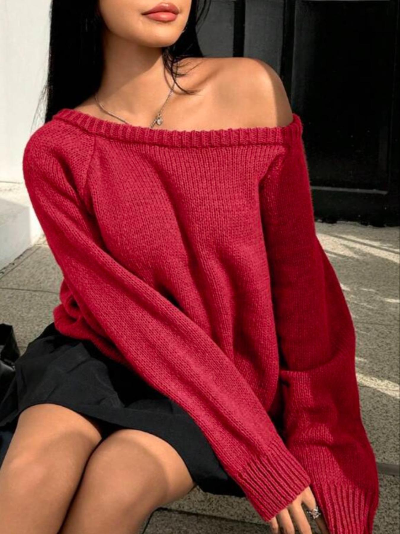 Women's Solid Off Shoulder Raglan Sleeve Sweater, Casual Long Sleeve Jumper for Fall & Winter, Fashion Ladies' Knitwear for Daily Wear, Womenswear