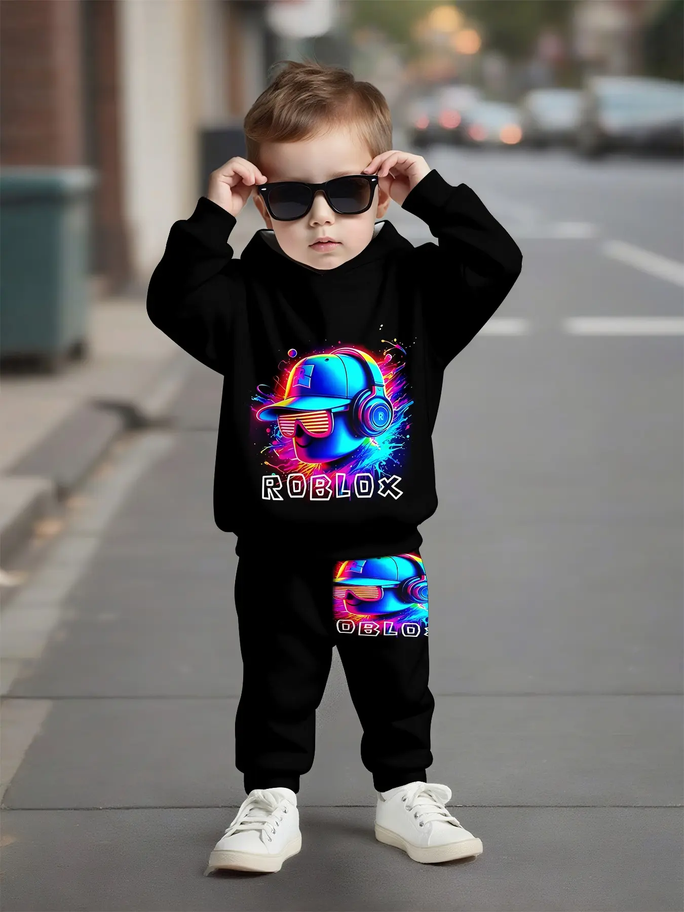 Roblox Neon Print Hoodie Set, Boys' Game Theme Sport Two-Piece, Sweatshirt + Sweatpants, Casual Loose-Fit, All Seasons