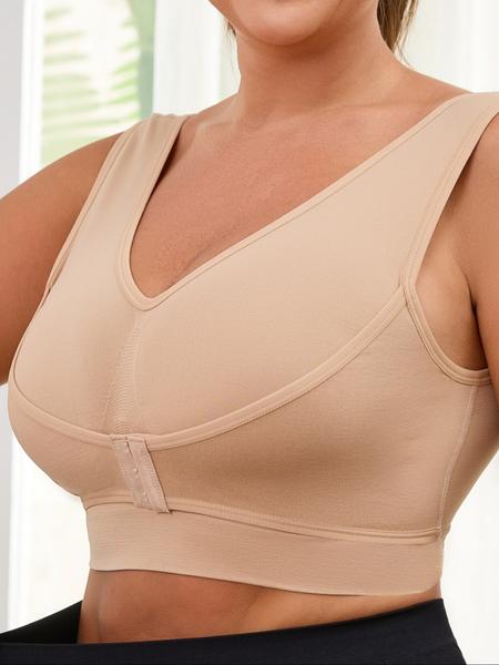 【Plus Size】 Solid Color Push Up Wide Strap Bra, Women's Comfortable Breathable Soft Stretch Bra,No Padding,Front Chest Buckles Design,Women's Lingerie for All Seasons,Ladies Knitted Underwear For Daily or Any Occasion