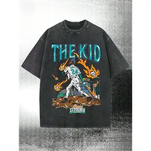 Front Print The Kid Ken Griffey Jr Fire Baseball Vintage Washed Casual T-Shirt For Vintage Sports Tee Collectors