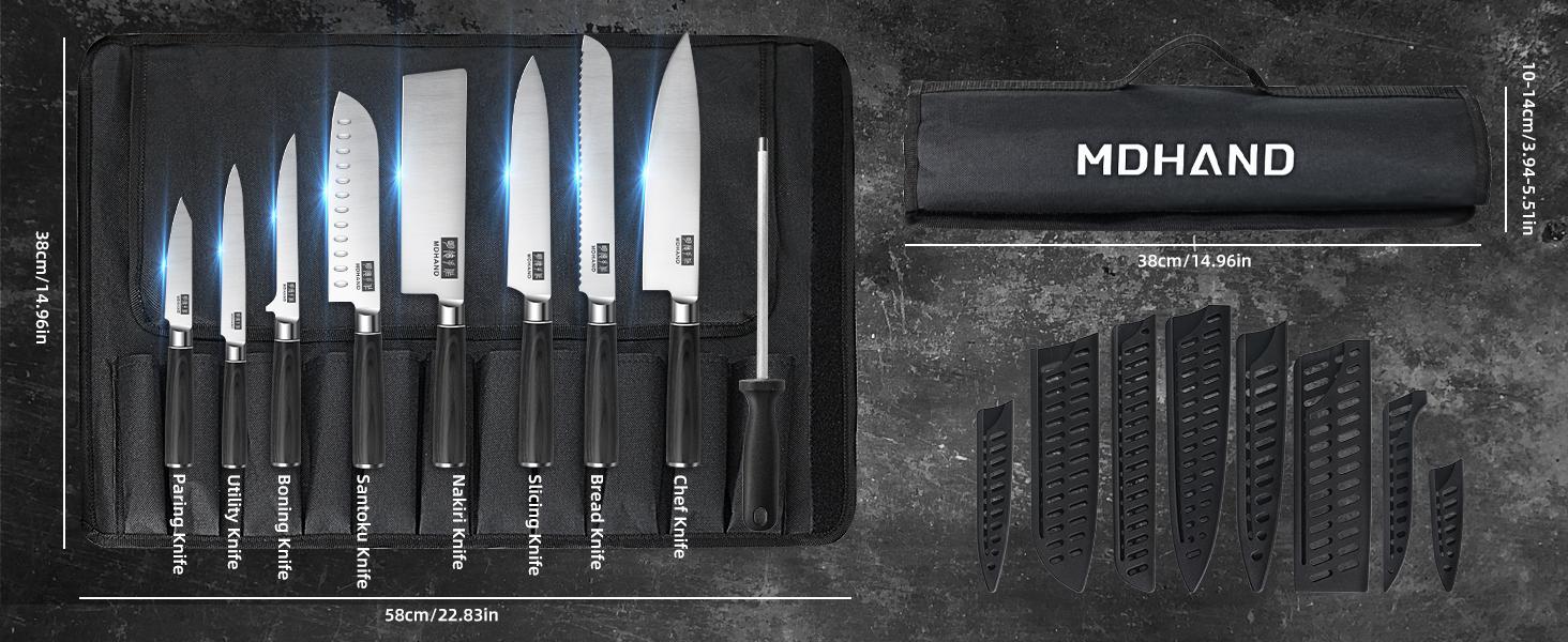 MDHAND Chef Knife Set with Roll Bag, 9PCS Professional Knife Sets with Sharpener, High Carbon Stainless Steel Japanese Kitchen Knives - Black Pakkawood Handle, Dishwasher Safe, For Cooking, Chef Gifts