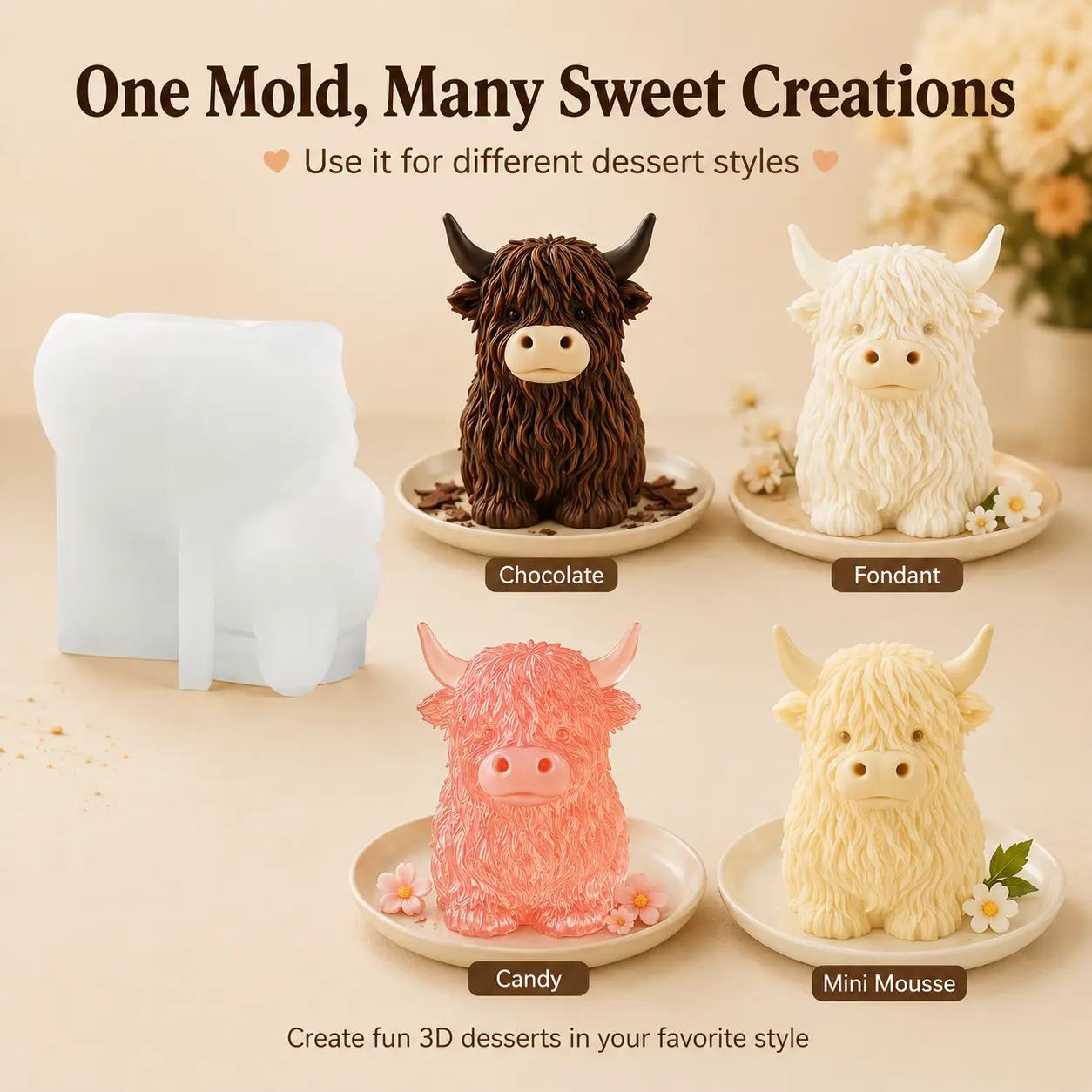 3D Highland Cow Silicone Fondant Mold, Cute Shaggy Farm Animal Cake Topper Mould for Chocolate, Candy, Gumpaste, Sugar Paste, Cupcakes, Cookies, Farm Birthday, Barnyard Western Party, Resin and Polymer Clay Crafts