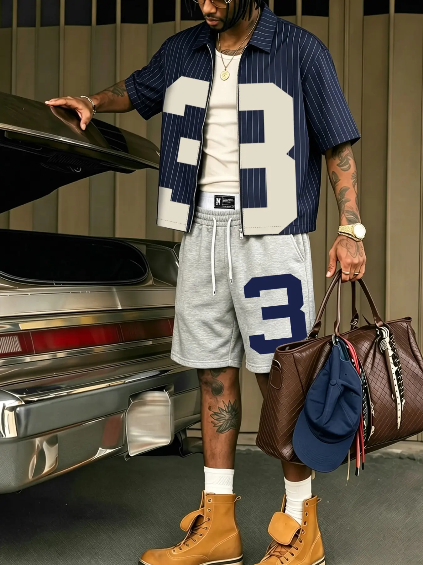 Unisex Zipper Design Shirt and Shorts Set, Hip Hop Y2K Streetwear, Summer Music Festival, Striped Fabric, Casual Loose Fit