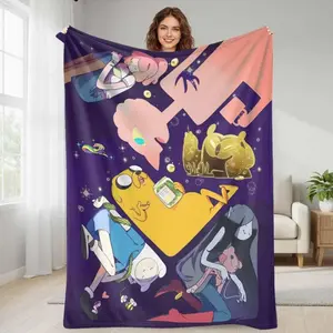 Adventure Time Cartoon Character Print Flannel Blanket, Cute Anime Cartoon Character Pattern, Super Soft, Lightweight, Warm and Cozy Throw Blanket, Perfect for Couch, Bed, Travel,Cartoon Lover Birthday 4th Of July Christmas Holiday Gifts For Teens Kids