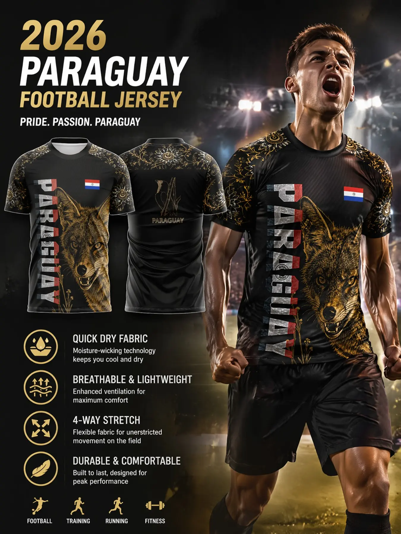 2026 Paraguay National Team Soccer Jersey, Gold Wolf Print, Quick-Dry Breathable, Four-Way Stretch, Patriotic Gift for Fans