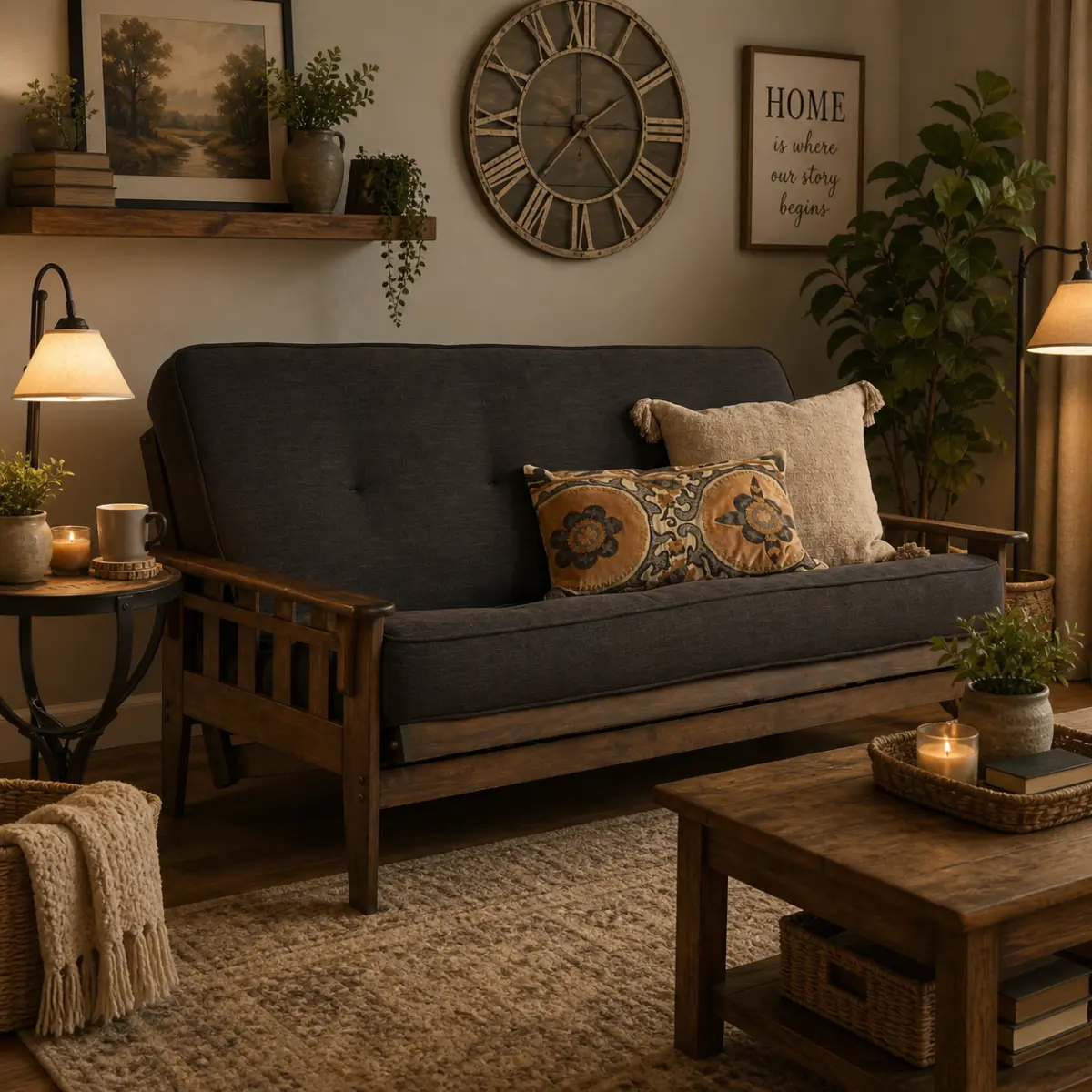 Rustic Style Full-size Futon Frame in Walnut Finish Includes Linen Charcoal Mattress