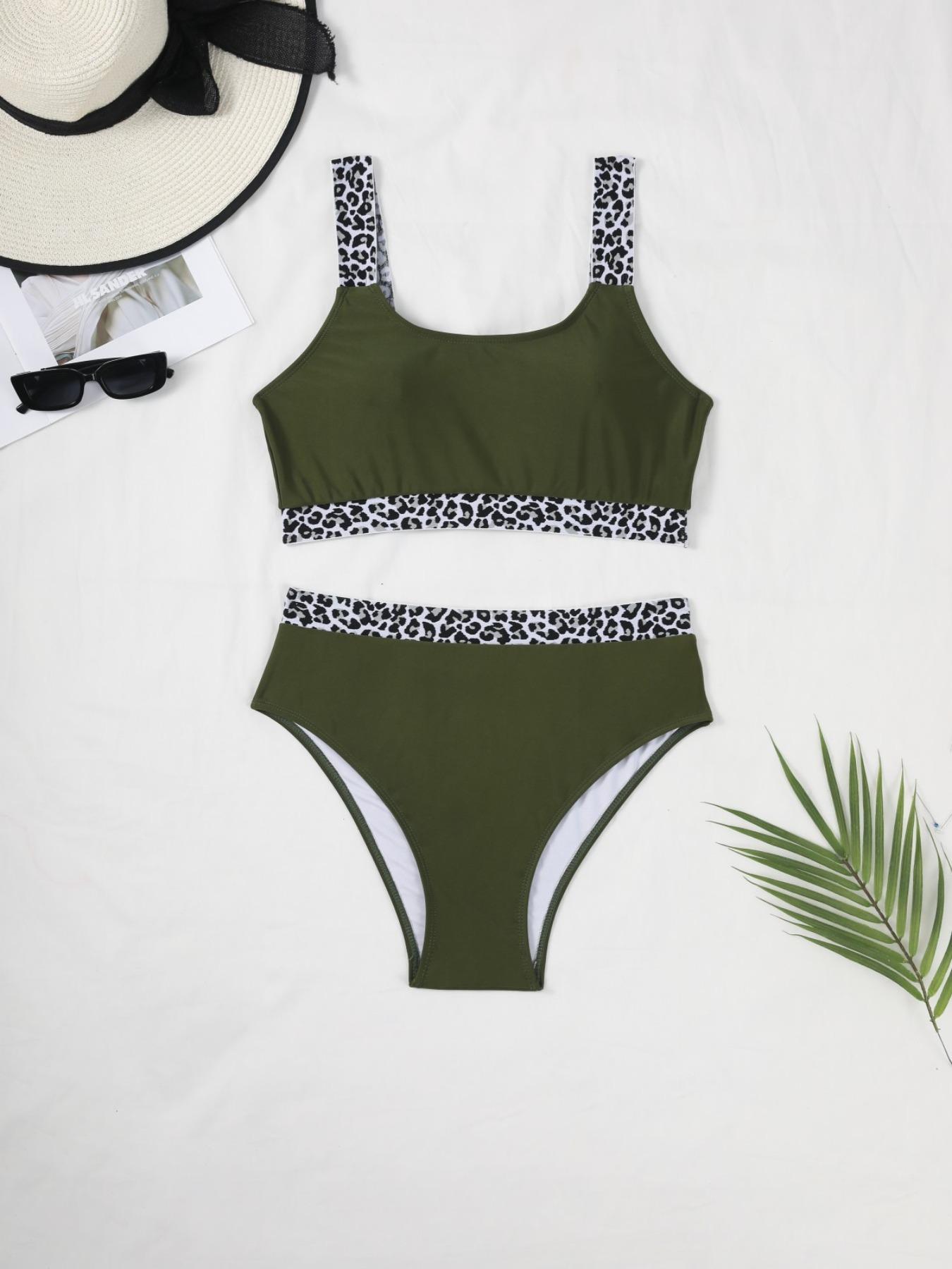 Plus Leopard Patchwork Print Tape Waist Swimsuit, Summer Clothes Women, Women's Casual Comfy Breathable High Stretch Swimwear for Summer, Swim Tankini Tops, High Rise Swimwear