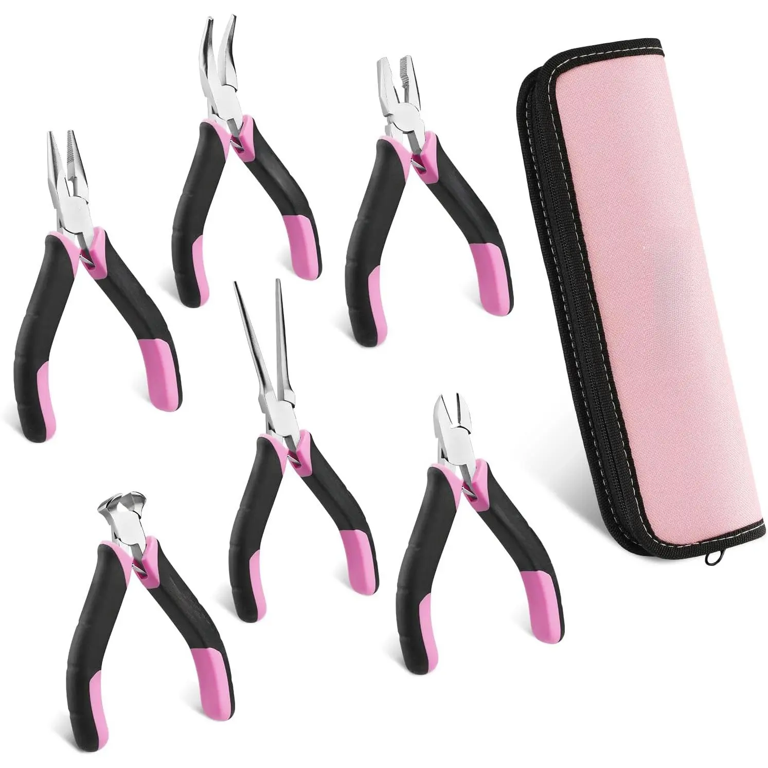 6-Piece Mini Pliers Set, Needle Nose, Long Nose, Bent Nose, Diagonal, End Cutting and Linesman, for Crafts Work, Electronic Repair, with Pouch - Pink Ribbon
