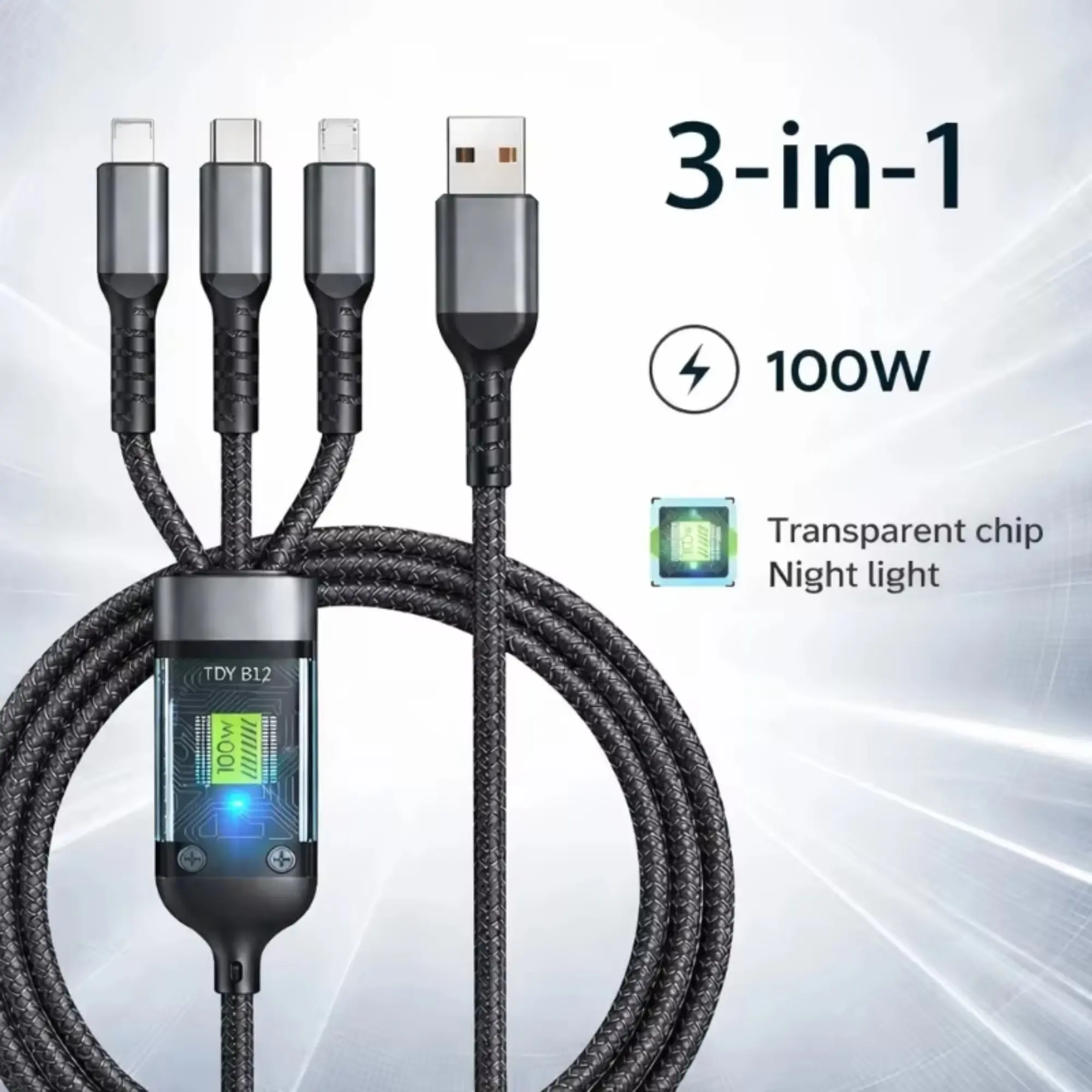 3 In 1 100W Fast Charging Cable Multi USB Type C Micro IP Port Transparent 6A Data Charger Cord for iPhone 15 Samsung Huawei