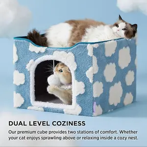 Cloud Pattern Pet Cat Bed, Comfortable Dual-Layer Foldable Cat House, All-Season Portable Washable Cat Nest, Ideal for Dogs & Cats