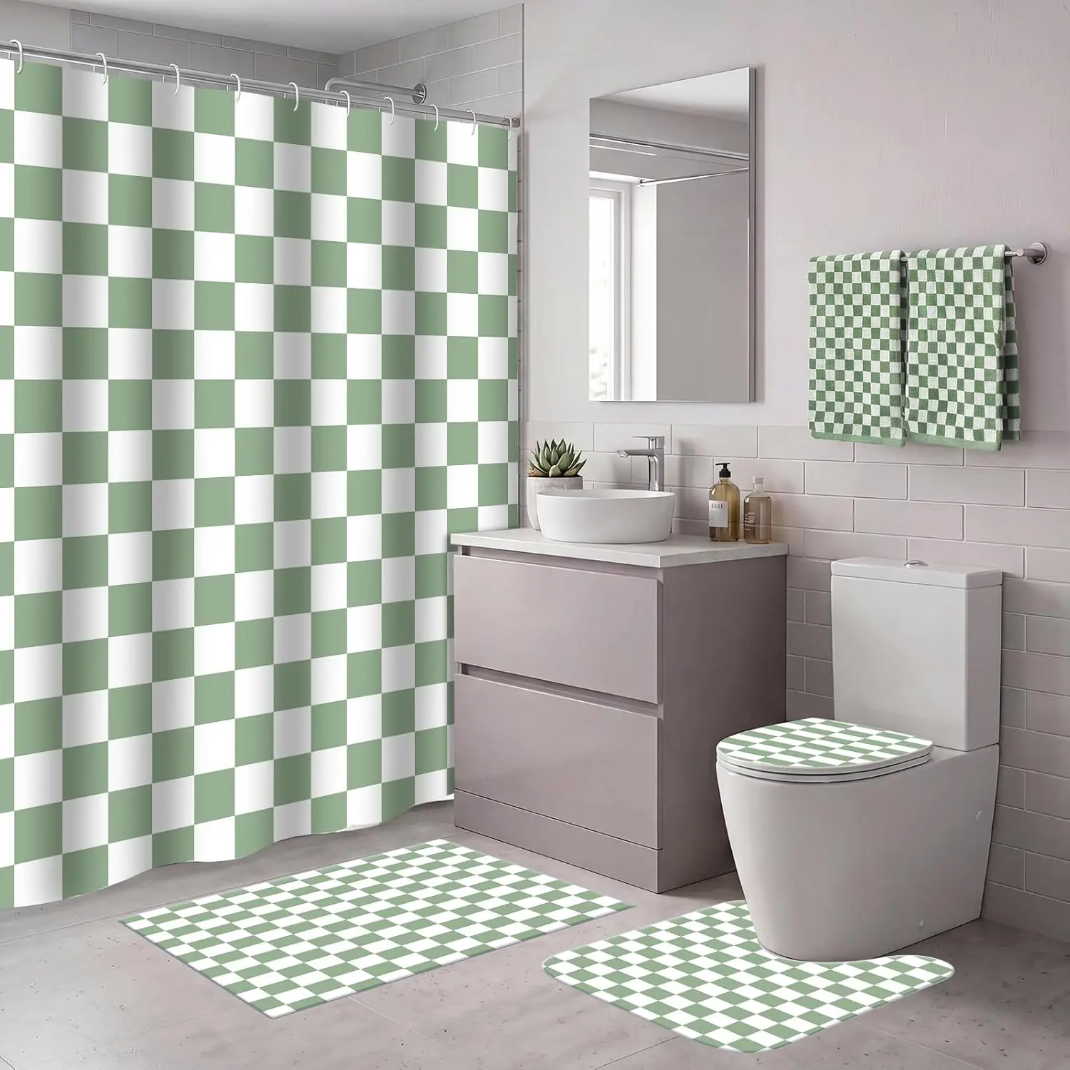Fanfanwin 6-Piece Retro Thick Cotton Sage Green Checkered Bathroom Set - Cover-Included Checkboard Decor, Shower Curtain, Hand Towels, Non-Slip Rug, Toilet Lid Mat, U-Shaped Seat Mat for Fitting Modern Home Use