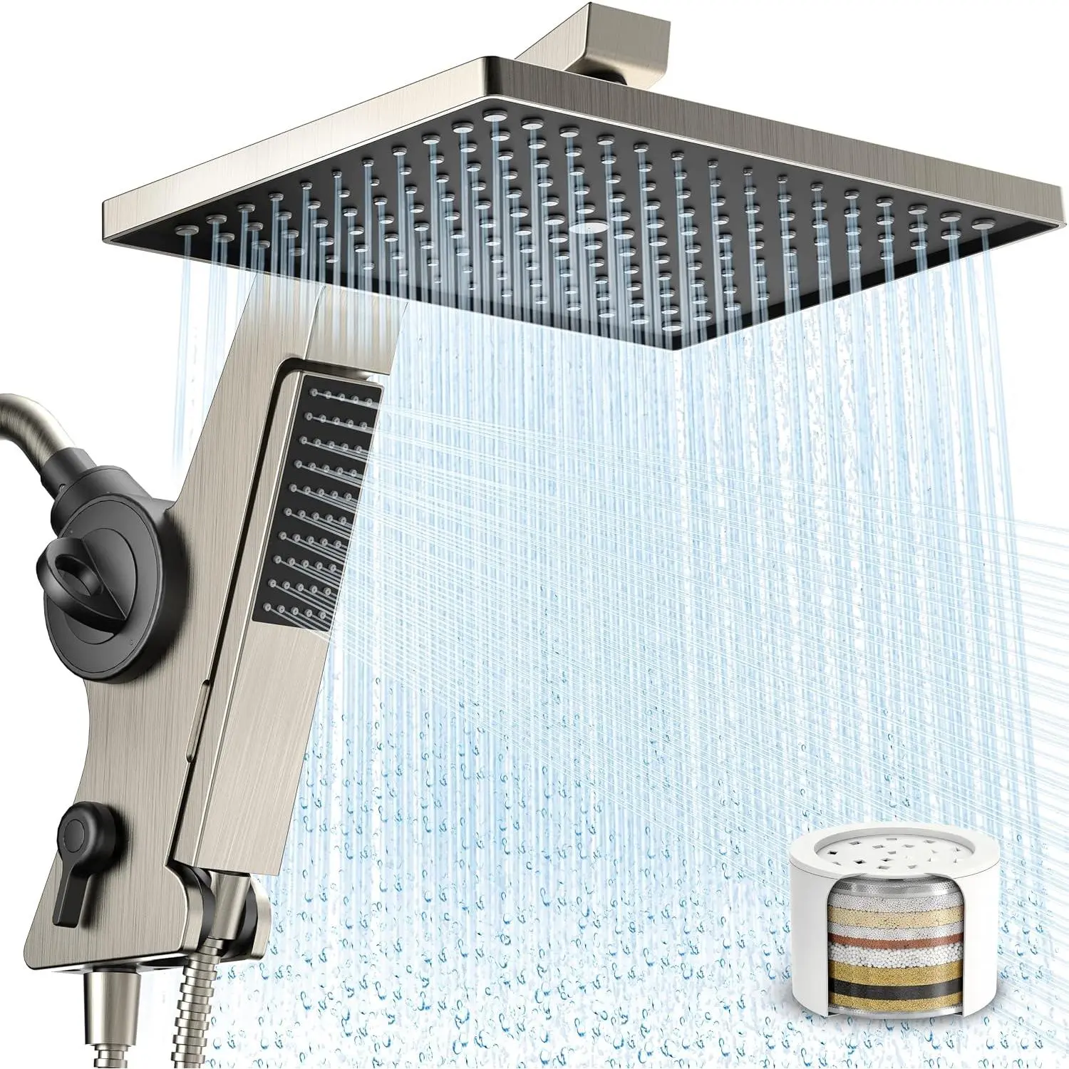 Filtered Rain Shower  with Handheld Combo High  12'' Rainfall Shower Heads &  Detachable Wand  Showerhead Water Softener for Hard Water Easy Filter