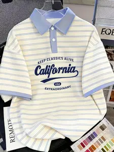 Men's Classic Horizontal Striped Contrast Collar Polo Shirts, Vintage California Letter Print Short Sleeve Casual Preppy Tops, Loose Fit Summer Basic Tee, Collared Polo Shirt, Printed Polo Shirts