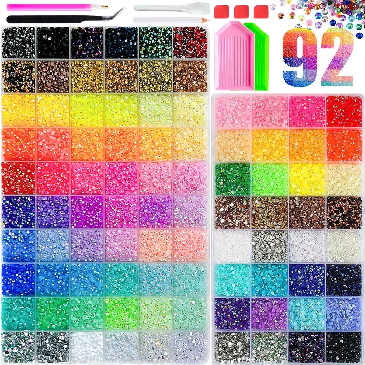 1Set 92 Grids Multi-Colors Flatback Nail Rhinestones Bedazzling Kit Nail Decoration Nail Art Supplies Bling Rainbow AB Clear Colored Crystals Resin Nail Gems DIY Party Formal Dress Full Diamond Nails Designs