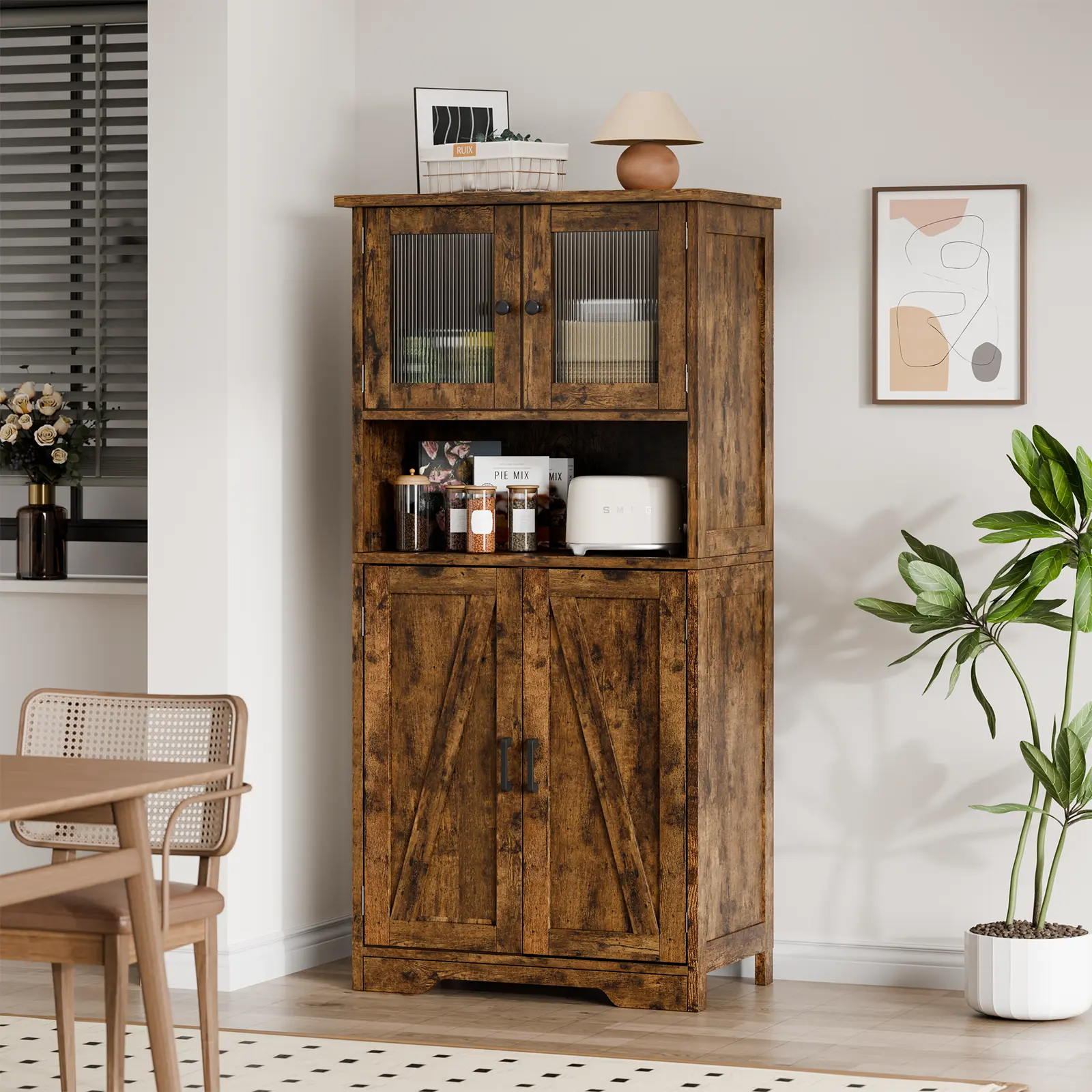 Vintage Wooden Freestanding Storage Cabinet with Glass Doors Adjustable Shelves and Open Compartment Floor Pantry Cupboard for Kitchen Bathroom