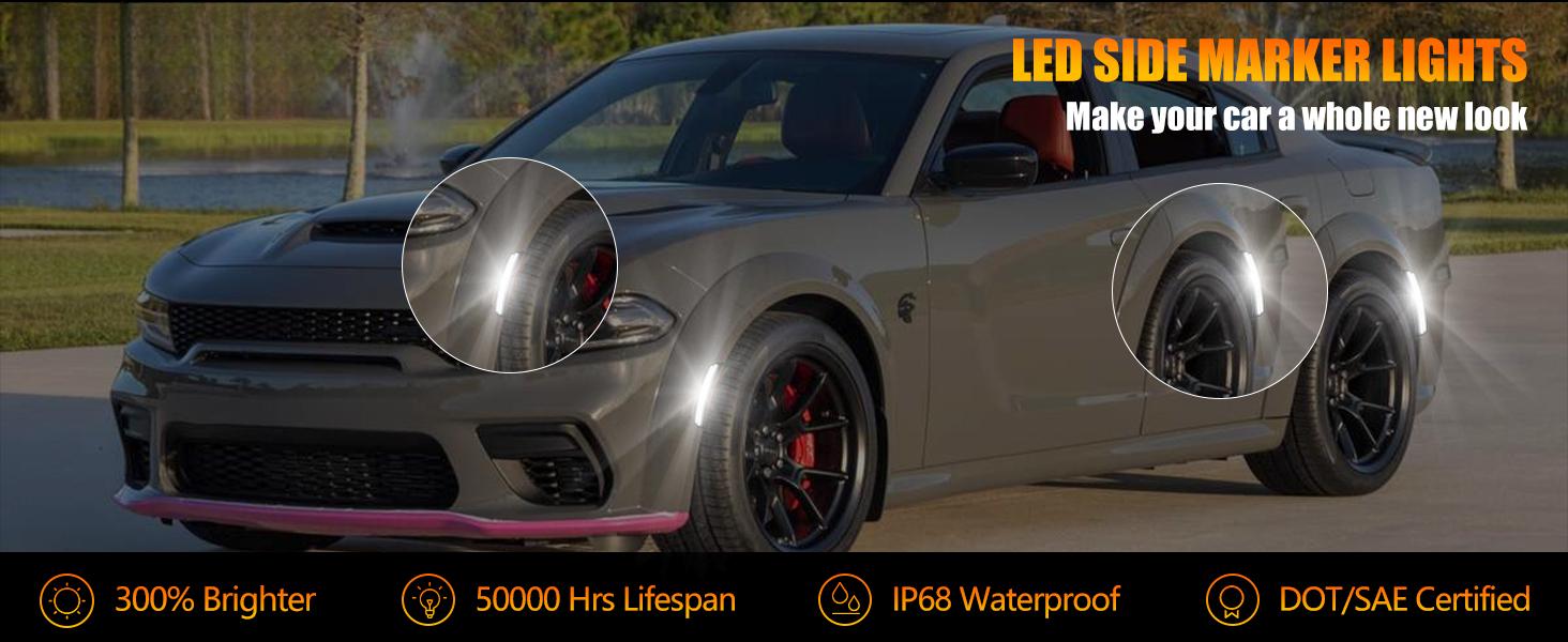 SUNDAY MIRTH Front & Rear Fender LED Side Marker Lights for Dodge Charger RT 2015-2023, [SUPER BRIGHT] 2-Row Lamp Beads Smoked Lens Side Bumper Marker Lamps, White LED Side Marker Turn Signal Lights, 4 PCS