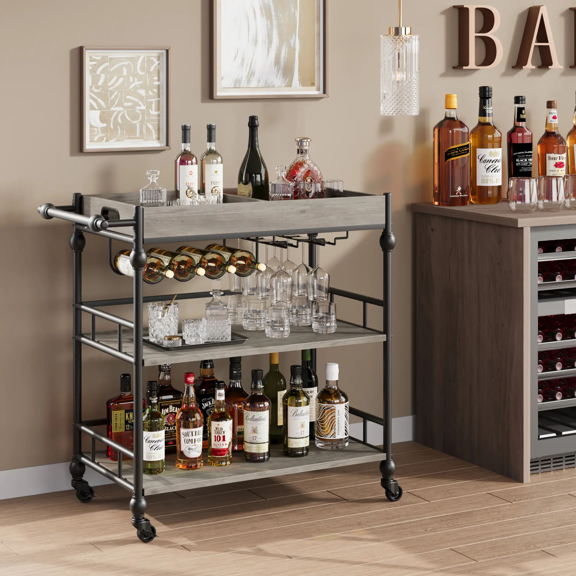 GARVEE Sturdy 3-Tier Industrial Rolling Metal Bar Cart with Wheels, Rustic Decor, Wine Rack, Glass Holder, Removable Tray, Built-In Storage Shelves, Beverage Organizer, Coffee Station - Farmhouse Kitchen Solution, Father's Day Gift