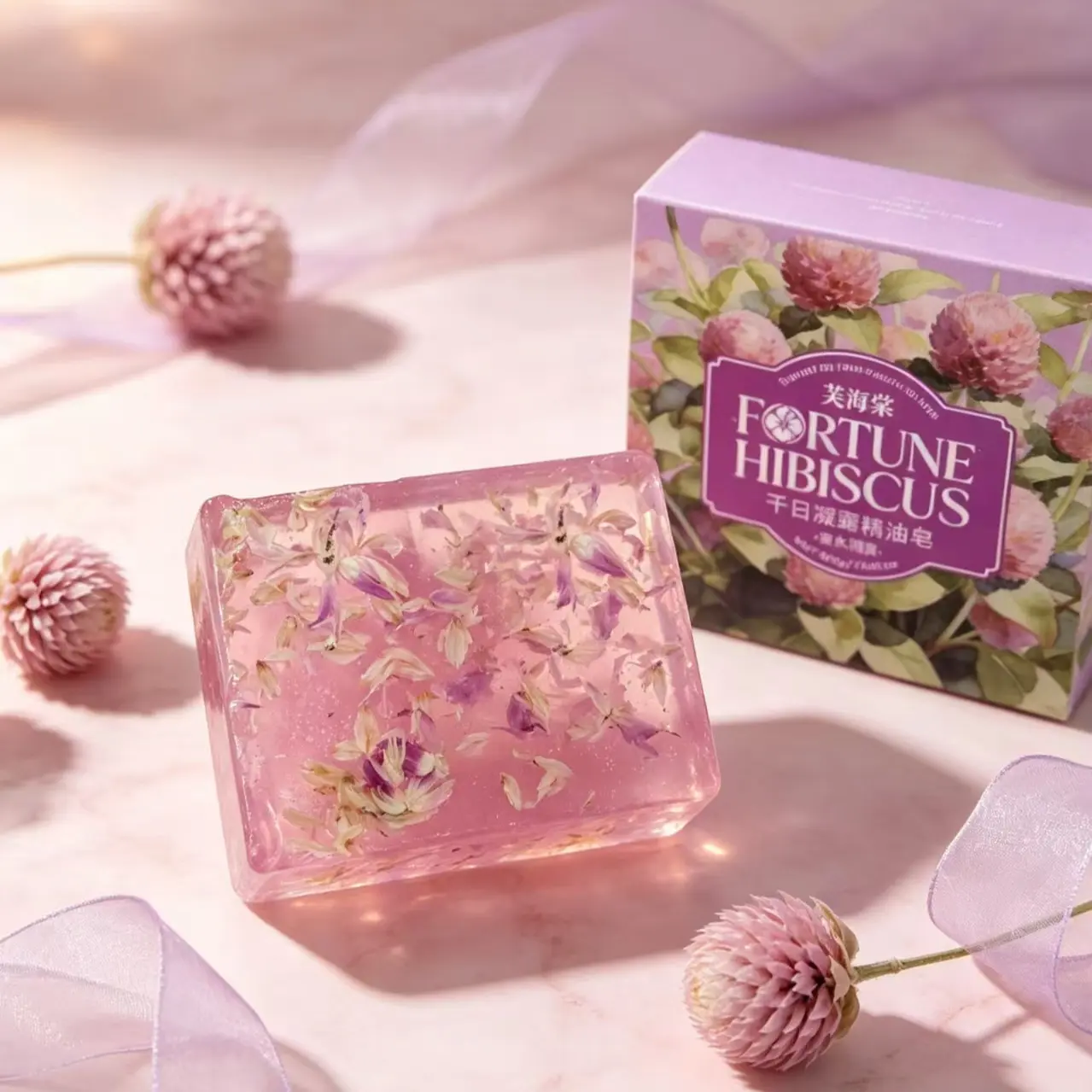 Fortune Hibiscus Thousand-Day Dew Floral Essential Oil Soap, Hydrating Real Dried Flower Bath & Facial Soap Bar 200g, Body Cleansing Soap