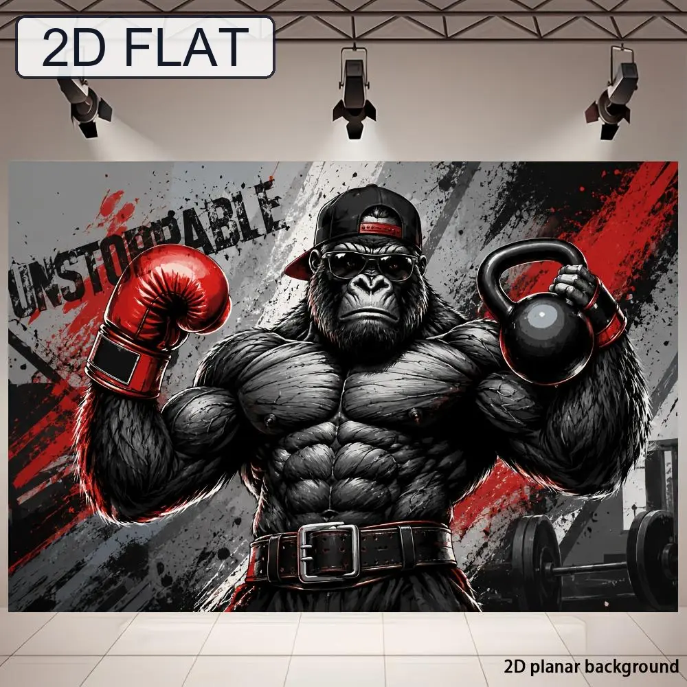 2D Flat Banner Muscular Gorilla Fitness Gym Themed Polyester Fabric Photography Backdrop, HD Digitally Printed Soft Lightweight Foldable Cloth, for Indoor Gym Fitness Photos & Glam Look Portrait Shoots