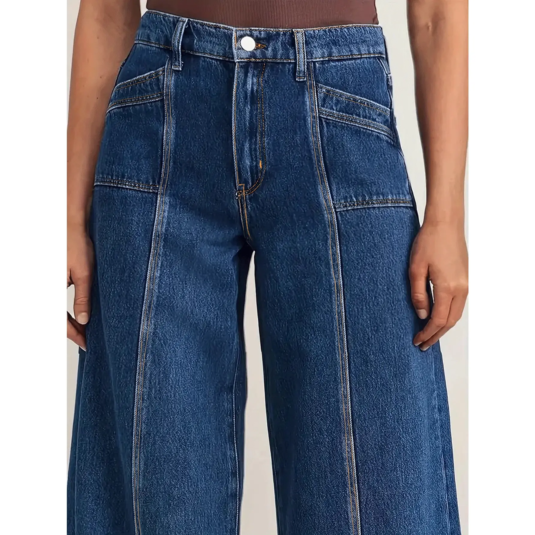 High Waisted Front Seam Wide Leg Jeans for Women, Stretchy Dark Wash Baggy Denim Pants with Pockets (Leg Lengthening Fit)
