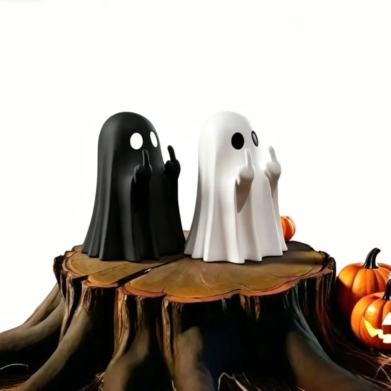 2pcs Funny Middle Finger Ghost Figurine Cute Spooky Desk Decor Quirky Ghost Statue Decorative Statues Goth Room Accessories Unhinged Office Humor Halloween Gag Gift Black White Minimalist Aesthetic Sculpture TikTok Trending Desk Toy Figurines Decor